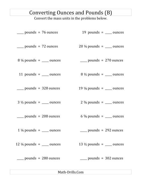 The Convert Between Ounces and Pounds with Fractional Amounts (B) Math Worksheet