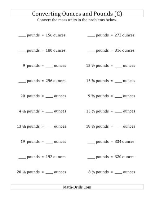 The Convert Between Ounces and Pounds with Fractional Amounts (C) Math Worksheet