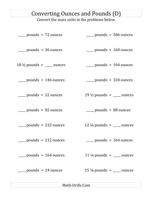The Convert Between Ounces and Pounds with Fractional Amounts (D) Math Worksheet