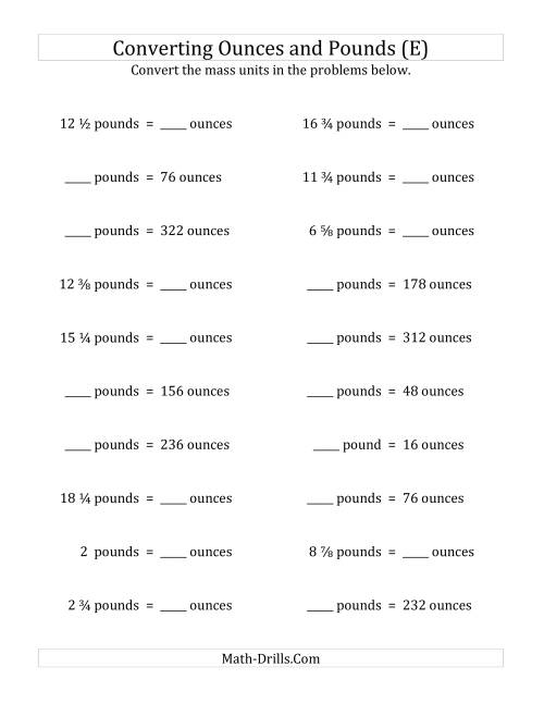 The Convert Between Ounces and Pounds with Fractional Amounts (E) Math Worksheet