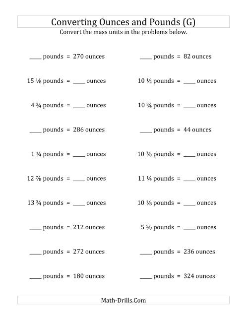 The Convert Between Ounces and Pounds with Fractional Amounts (G) Math Worksheet