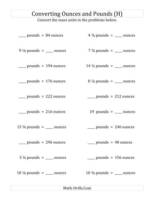 The Convert Between Ounces and Pounds with Fractional Amounts (H) Math Worksheet