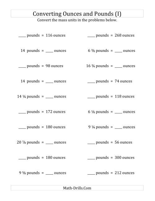 The Convert Between Ounces and Pounds with Fractional Amounts (I) Math Worksheet