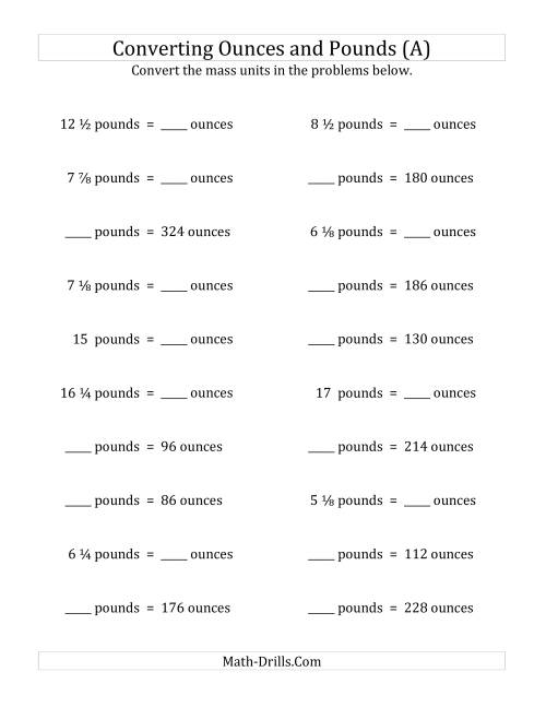 The Convert Between Ounces and Pounds with Fractional Amounts (All) Math Worksheet