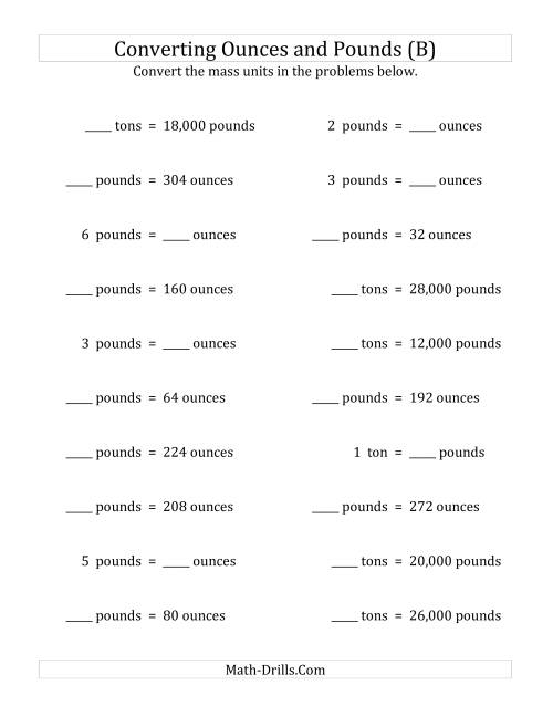 The Convert Between Ounces, Pounds and Tons (B) Math Worksheet