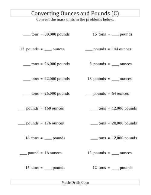 The Convert Between Ounces, Pounds and Tons (C) Math Worksheet