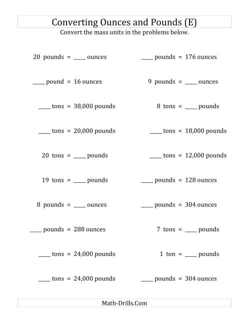 The Convert Between Ounces, Pounds and Tons (E) Math Worksheet
