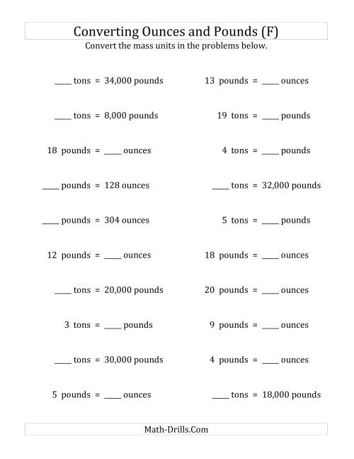 The Convert Between Ounces, Pounds and Tons (F) Math Worksheet