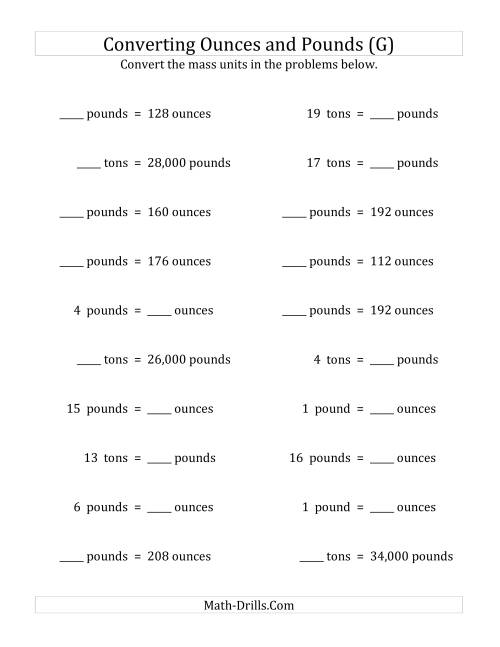 The Convert Between Ounces, Pounds and Tons (G) Math Worksheet