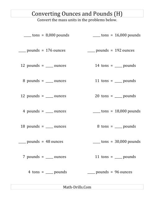 The Convert Between Ounces, Pounds and Tons (H) Math Worksheet