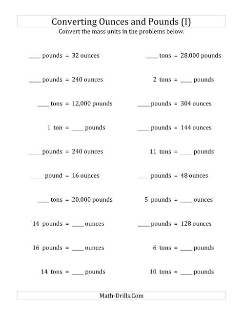 The Convert Between Ounces, Pounds and Tons (I) Math Worksheet