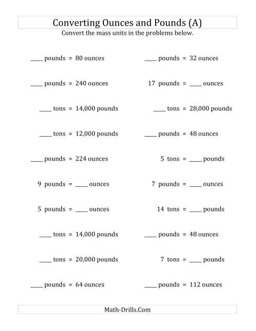 The Convert Between Ounces, Pounds and Tons (All) Math Worksheet