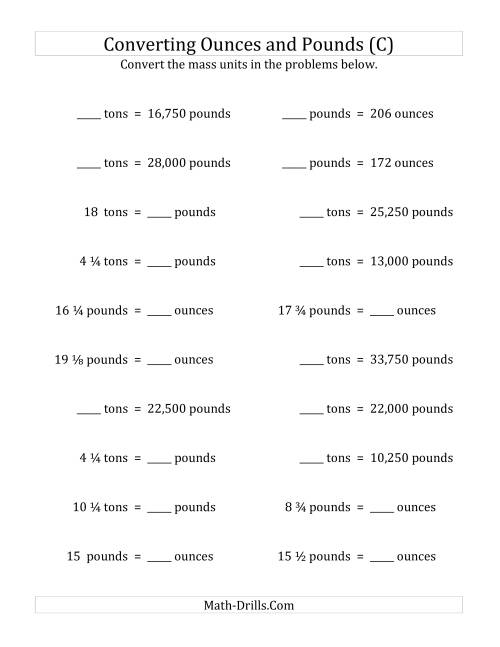 The Convert Between Ounces, Pounds and Tons with Fractional Amounts (C) Math Worksheet