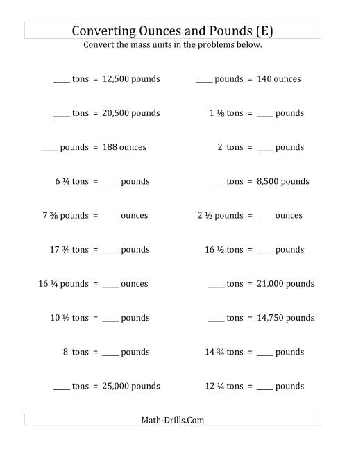 The Convert Between Ounces, Pounds and Tons with Fractional Amounts (E) Math Worksheet
