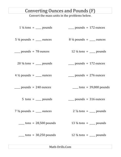 The Convert Between Ounces, Pounds and Tons with Fractional Amounts (F) Math Worksheet