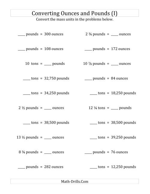 The Convert Between Ounces, Pounds and Tons with Fractional Amounts (I) Math Worksheet