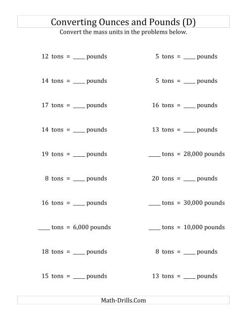 The Convert Between Pounds and Tons (D) Math Worksheet