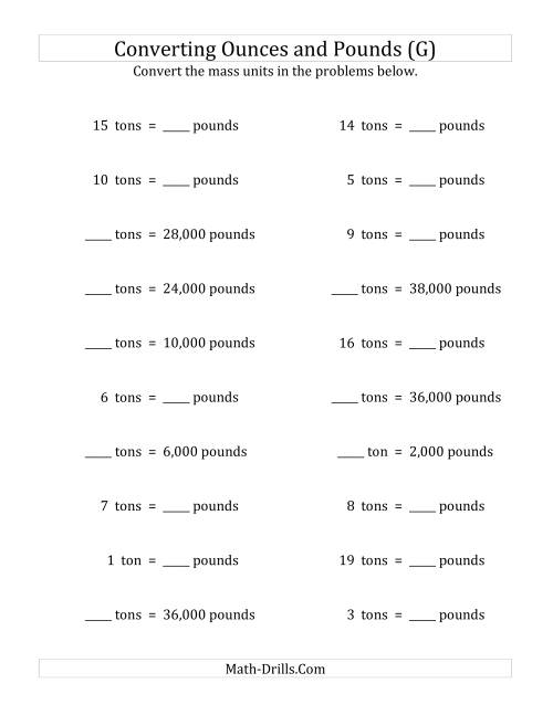The Convert Between Pounds and Tons (G) Math Worksheet