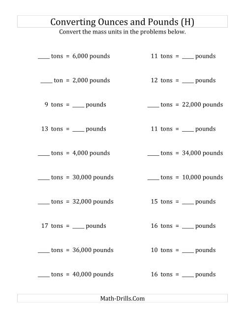 The Convert Between Pounds and Tons (H) Math Worksheet