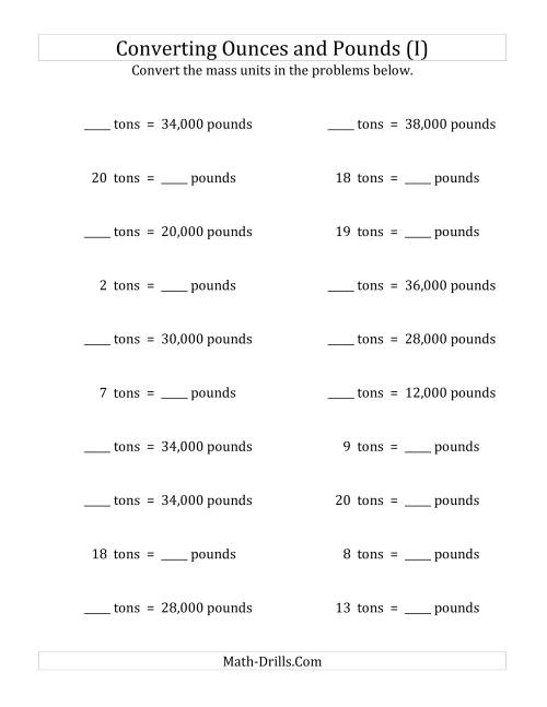 The Convert Between Pounds and Tons (I) Math Worksheet