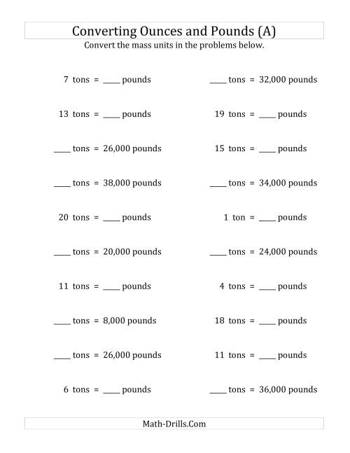 The Convert Between Pounds and Tons (All) Math Worksheet