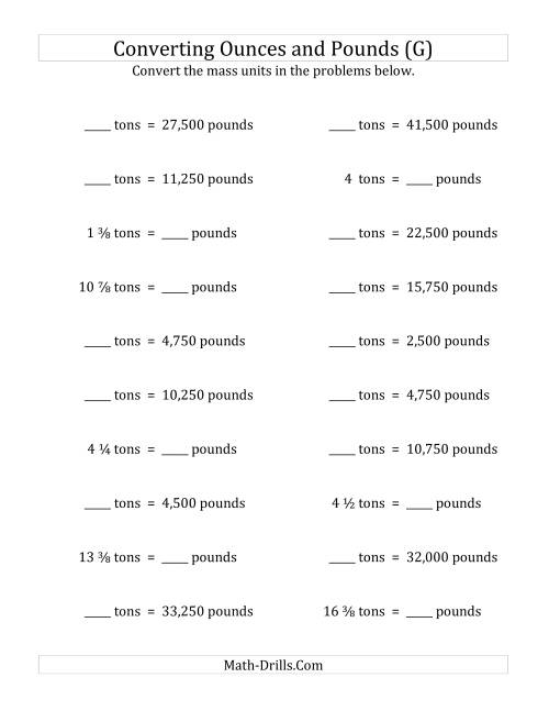 The Convert Between Pounds and Tons with Fractional Amounts (G) Math Worksheet
