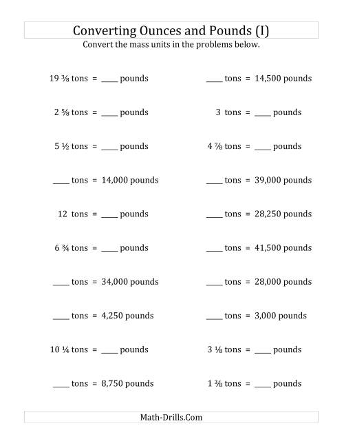 The Convert Between Pounds and Tons with Fractional Amounts (I) Math Worksheet