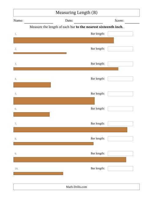 The Measuring Length of Bars to the Nearest Sixteenth Inch (B) Math Worksheet