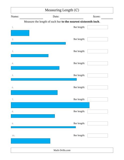 The Measuring Length of Bars to the Nearest Sixteenth Inch (C) Math Worksheet