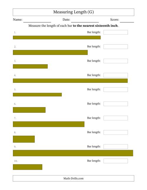 The Measuring Length of Bars to the Nearest Sixteenth Inch (G) Math Worksheet