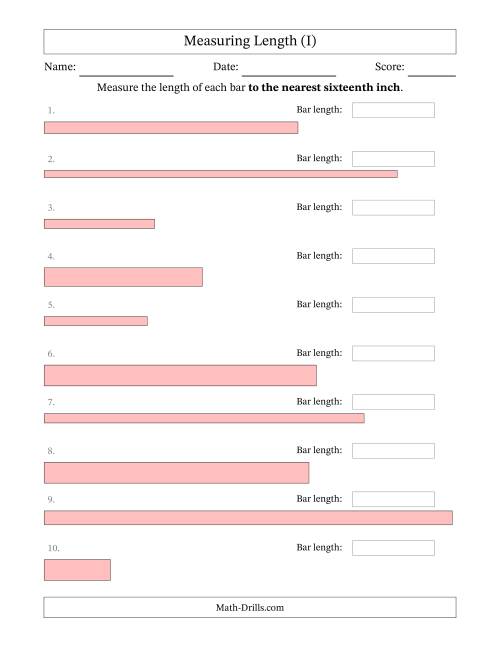 The Measuring Length of Bars to the Nearest Sixteenth Inch (I) Math Worksheet