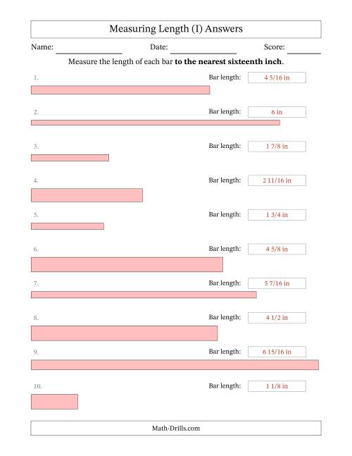 The Measuring Length of Bars to the Nearest Sixteenth Inch (I) Math Worksheet Page 2
