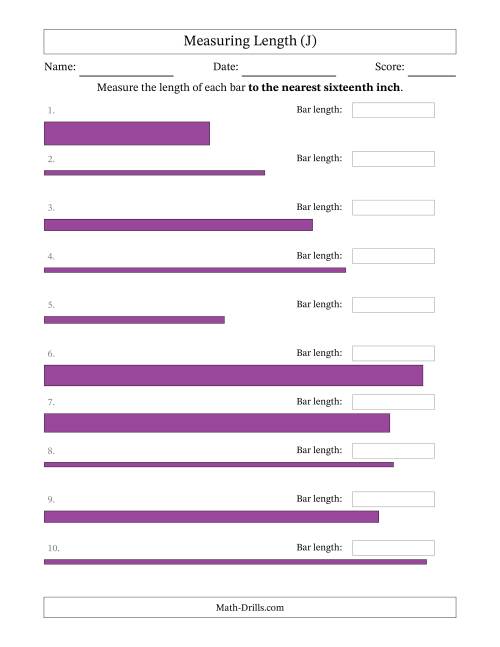 The Measuring Length of Bars to the Nearest Sixteenth Inch (J) Math Worksheet