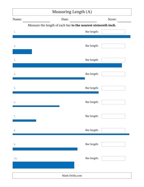 The Measuring Length of Bars to the Nearest Sixteenth Inch (All) Math Worksheet