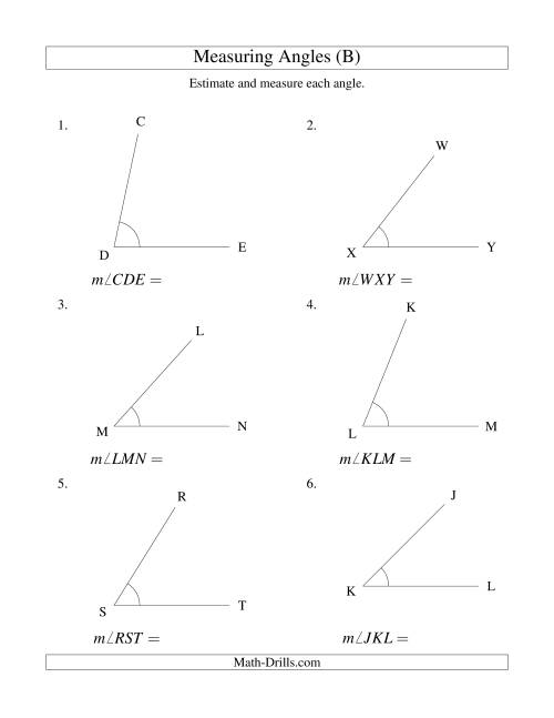 The Measuring Angles Between 5° and 90° (B) Math Worksheet