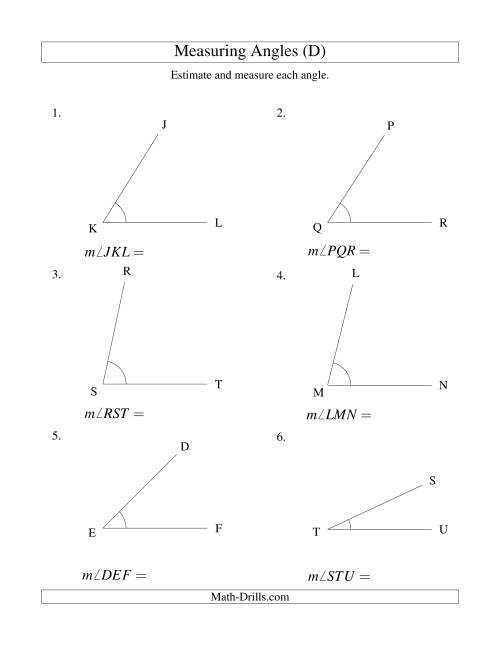 The Measuring Angles Between 5° and 90° (D) Math Worksheet