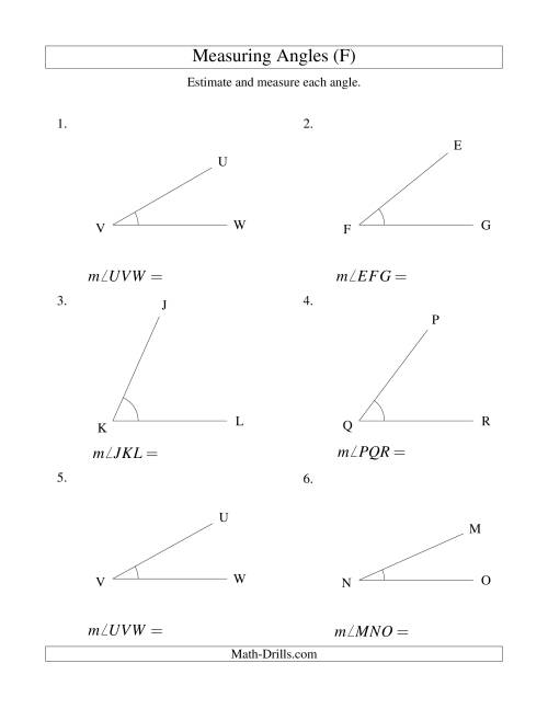 The Measuring Angles Between 5° and 90° (F) Math Worksheet