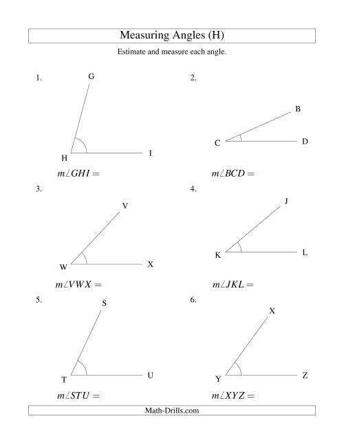The Measuring Angles Between 5° and 90° (H) Math Worksheet