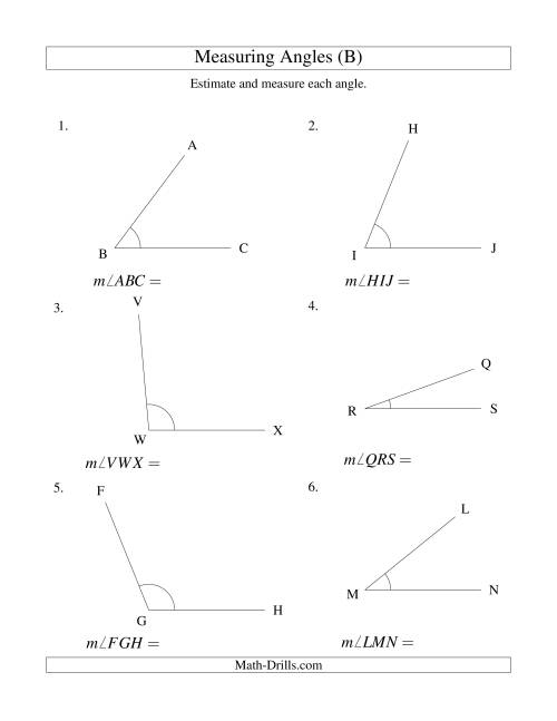 The Measuring Angles Between 5° and 175° (B) Math Worksheet