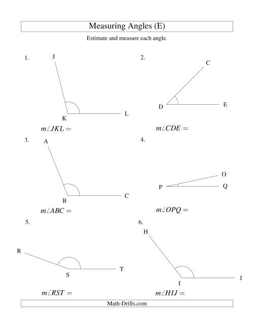 The Measuring Angles Between 5° and 175° (E) Math Worksheet