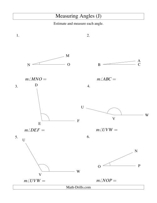The Measuring Angles Between 5° and 175° (J) Math Worksheet