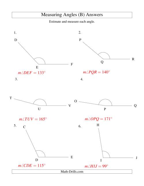The Measuring Angles Between 90° and 175° (B) Math Worksheet Page 2