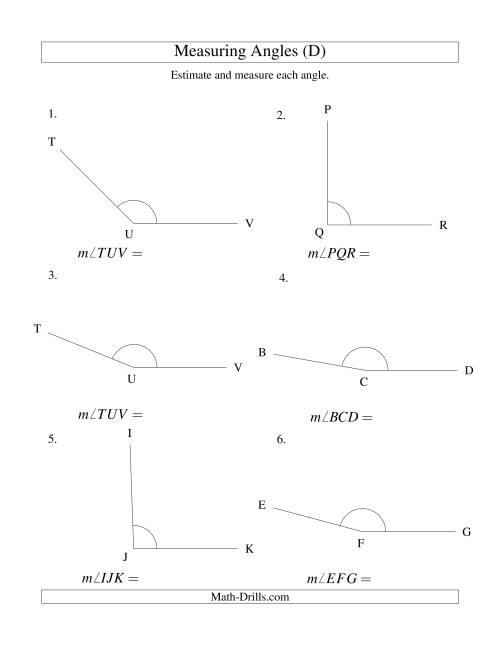 The Measuring Angles Between 90° and 175° (D) Math Worksheet