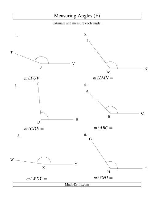 The Measuring Angles Between 90° and 175° (F) Math Worksheet