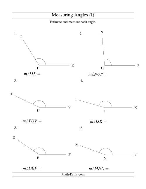 The Measuring Angles Between 90° and 175° (I) Math Worksheet