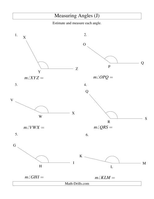 The Measuring Angles Between 90° and 175° (J) Math Worksheet