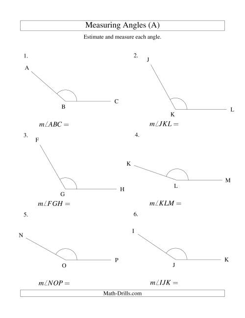 The Measuring Angles Between 90° and 175° (All) Math Worksheet