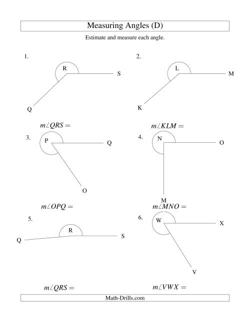 The Measuring Angles Between 185° and 355° (D) Math Worksheet