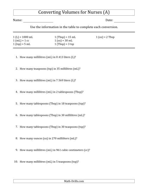 The Converting Volumes for Nurses (A) Math Worksheet