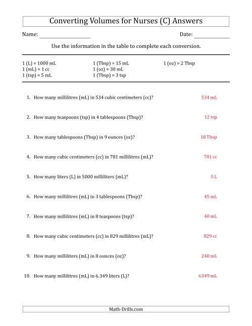 The Converting Volumes for Nurses (C) Math Worksheet Page 2
